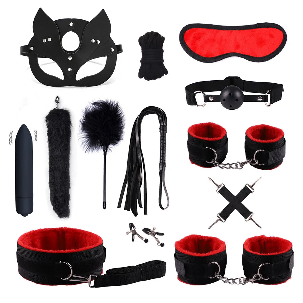 Adult Erotic Nylon Bondage BDSM Kit with Handcuffs Sex Whip Mouth Gag Soft Fox Tail Anal Plug for Women Sexy Games