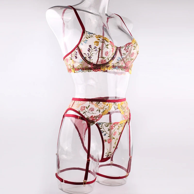 Sexy Women's Lace Lingerie 3Pcs Sets Fancy Flowers Embroidery Transparent Bras And Thongs Underwear Set Erotic Intimate Suits ﻿