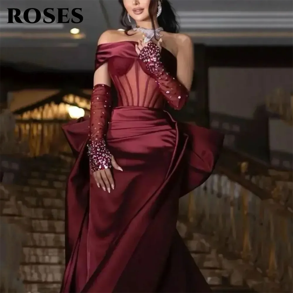 ROSES Burgundy Stain Mermaid Prom Dresses with Bow Shining Beading On Sleeve Evening Dress One Shoulder Sweetheart