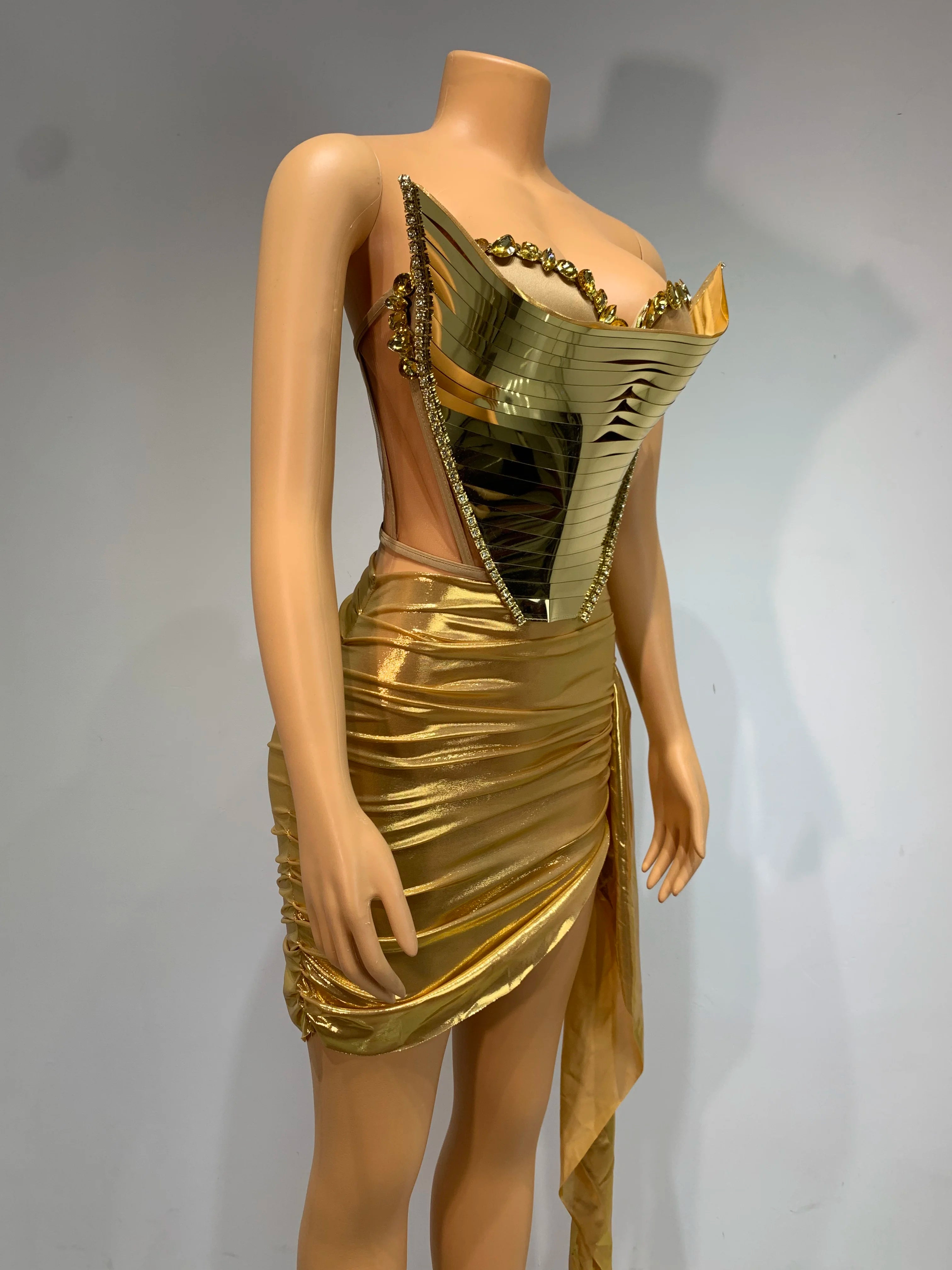 Sparkly Gold Sexy Top Two Pieces Short Skirt Set Women Celebrate Party NightClub Performance Dancer Show Stage Outfit