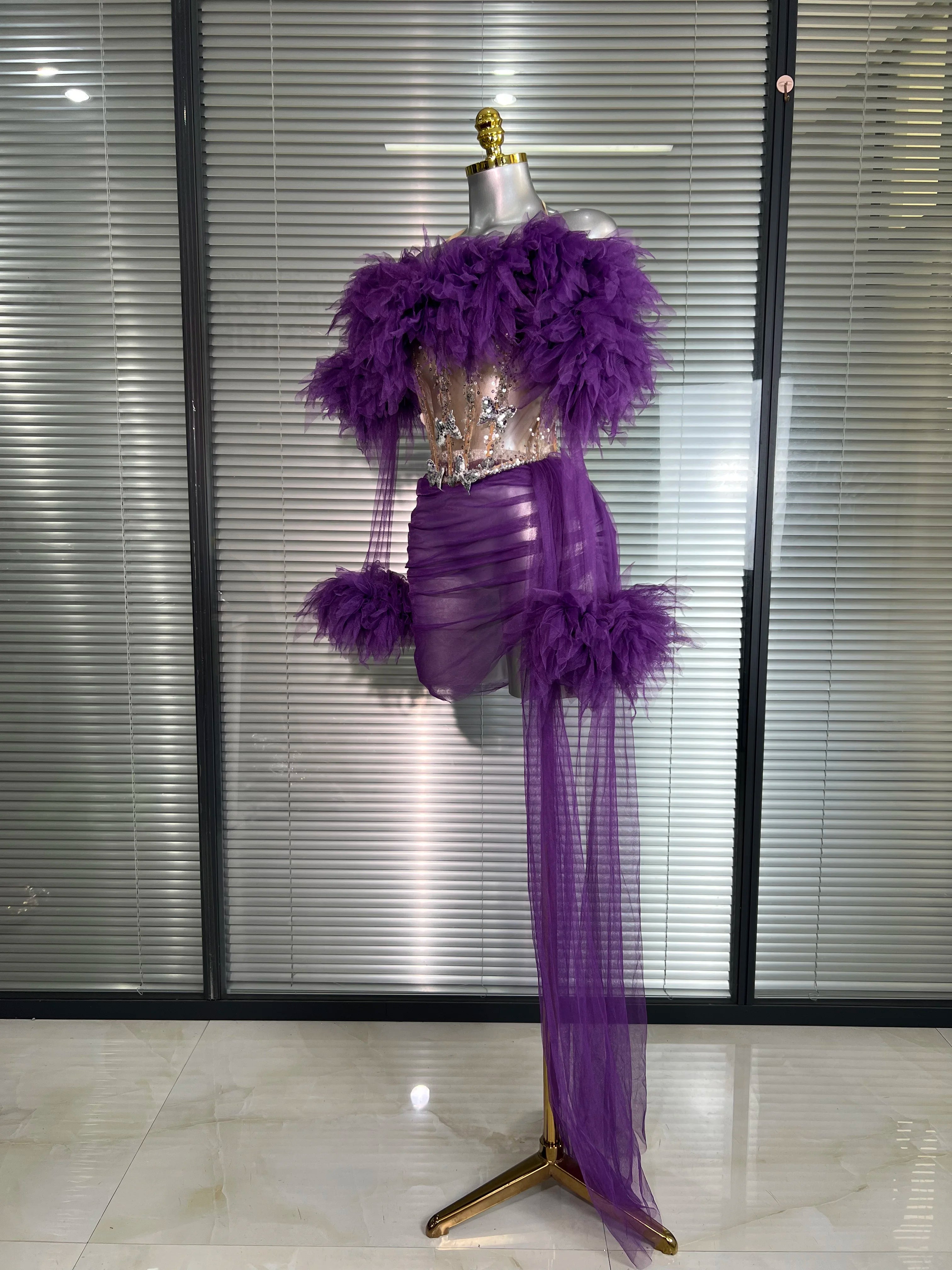 Women Sexy Two Pieces Set Celebrity Sky Blue White Purple Mesh Night Club Sheer Skirt Suits Stage Performance Costume