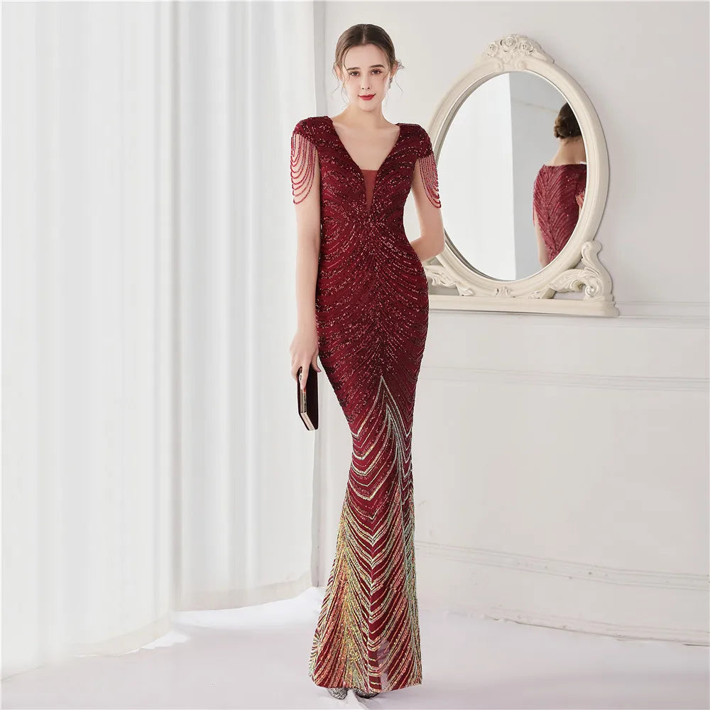 DEERVEADO Elegant V Neck Mermaid Evening Dress Long Luxury Beads Women Evening Party Dresses New Formal Dress 19085