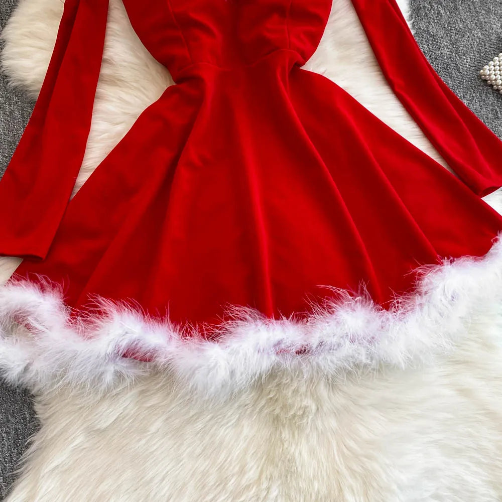 Foamlina Women's Christmas Dress Sexy Low-cut Waist Thin Big Pendulum Fluffy Splicing Suspender Tube Ling Dress Red