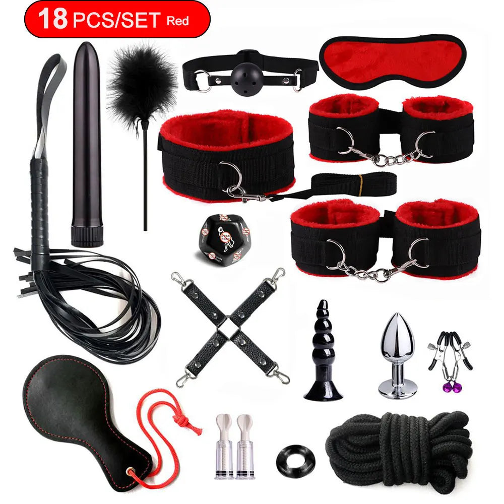 BDSM Adult Sexy Toys For Women Handcuffs Whip Anal Nipple Clamp Blindfold Strap On Vibrator Sex Bondage Set Sexual Couples Kit18