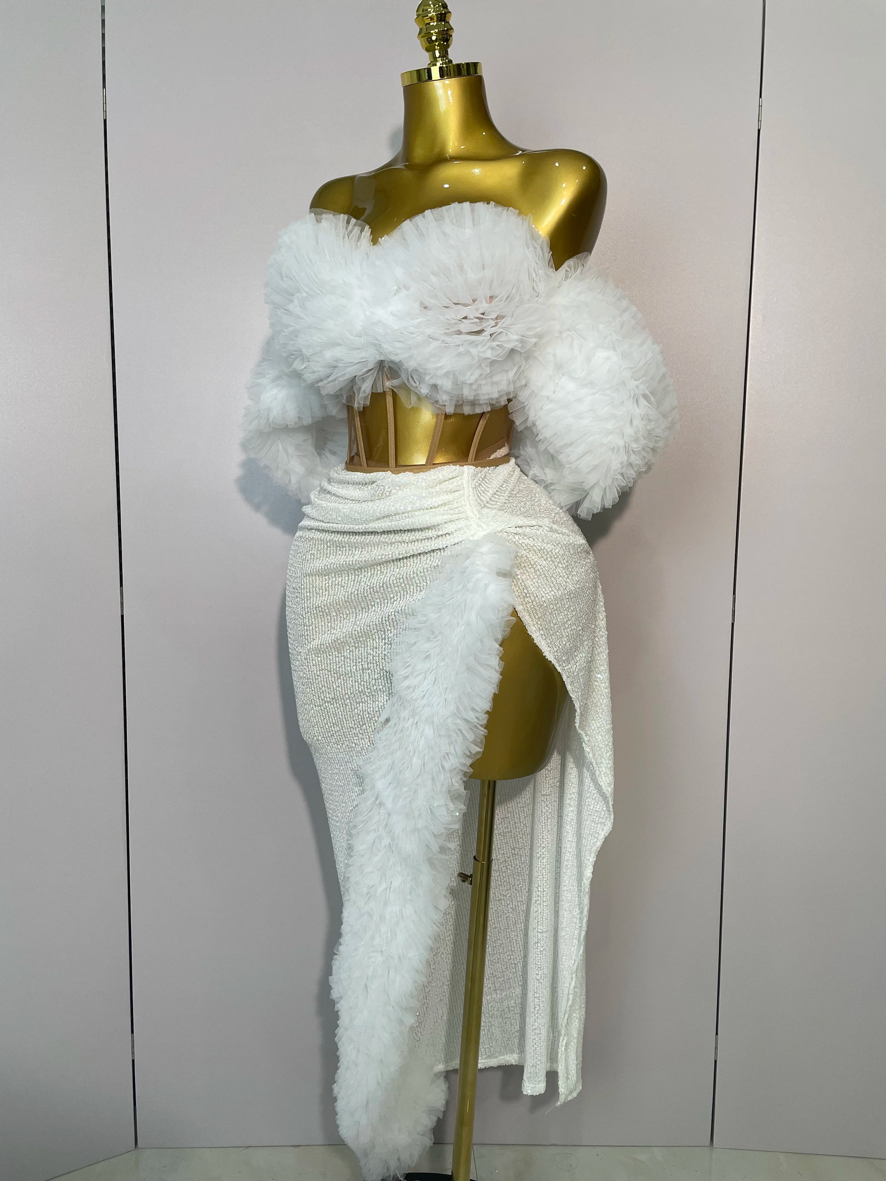 Shiny Sequins Top Short Skirt Two Pieces Set Women Sexy Celebrate Evening Prom Birthday Party Dress Nightclub Stage Outfit