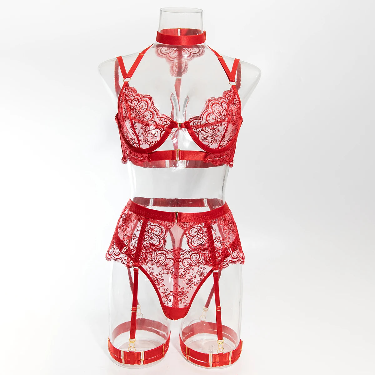Luxury Embroidered Metal Buckle Complicated Erotic Intimate Set Women's Sexy Transparent Front Open Lingerie Sets Onlyfans kit