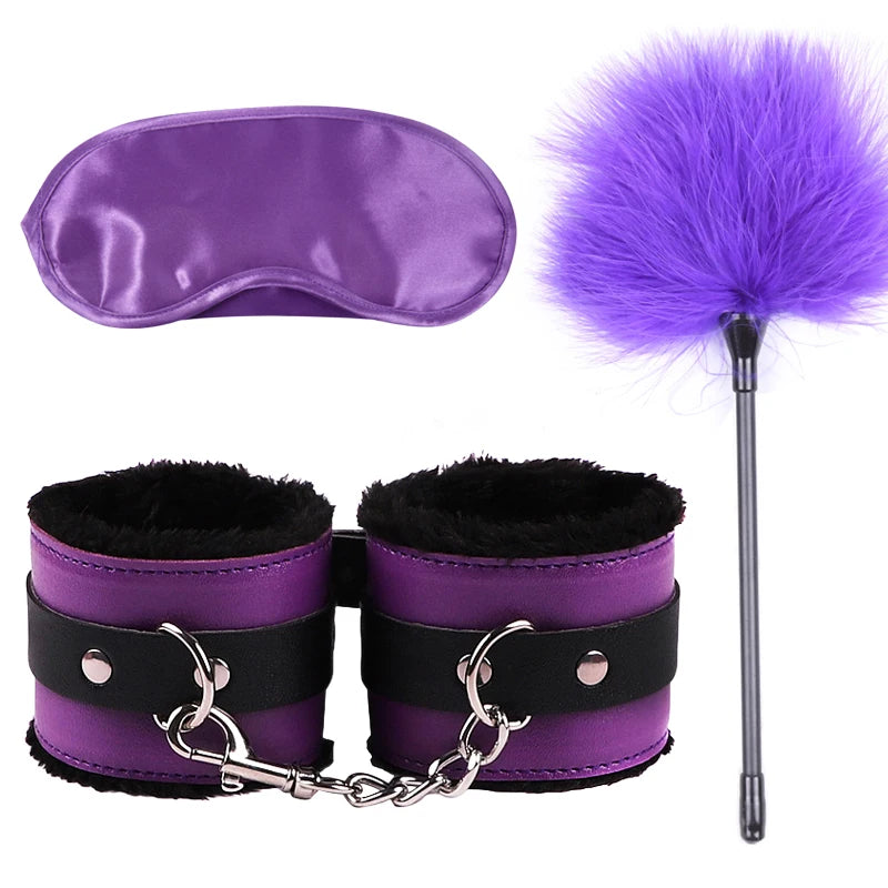 Sex Toys For Women Bdsm Set Sexy Leather Plush Sex Toys Bondage Kit Handcuffs Feather Blindfold Fetish Flirt Goods For Adults