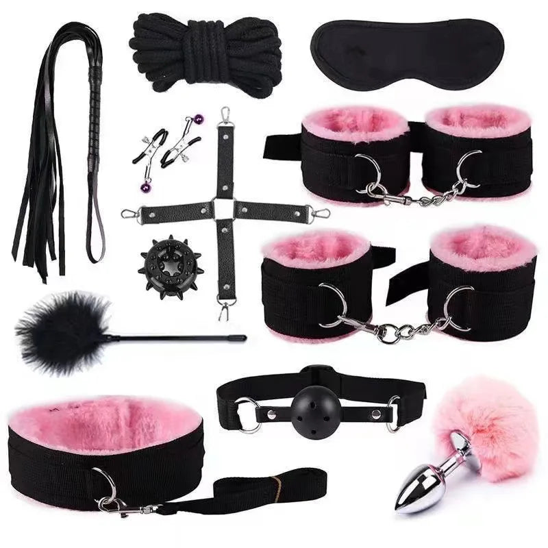 Erotic Sex Toys For Women Adults Games Nylon Bondage BDSM Kits Handcuffs Sex Whip Mouth Gag Rabbit Tail Anal Plug