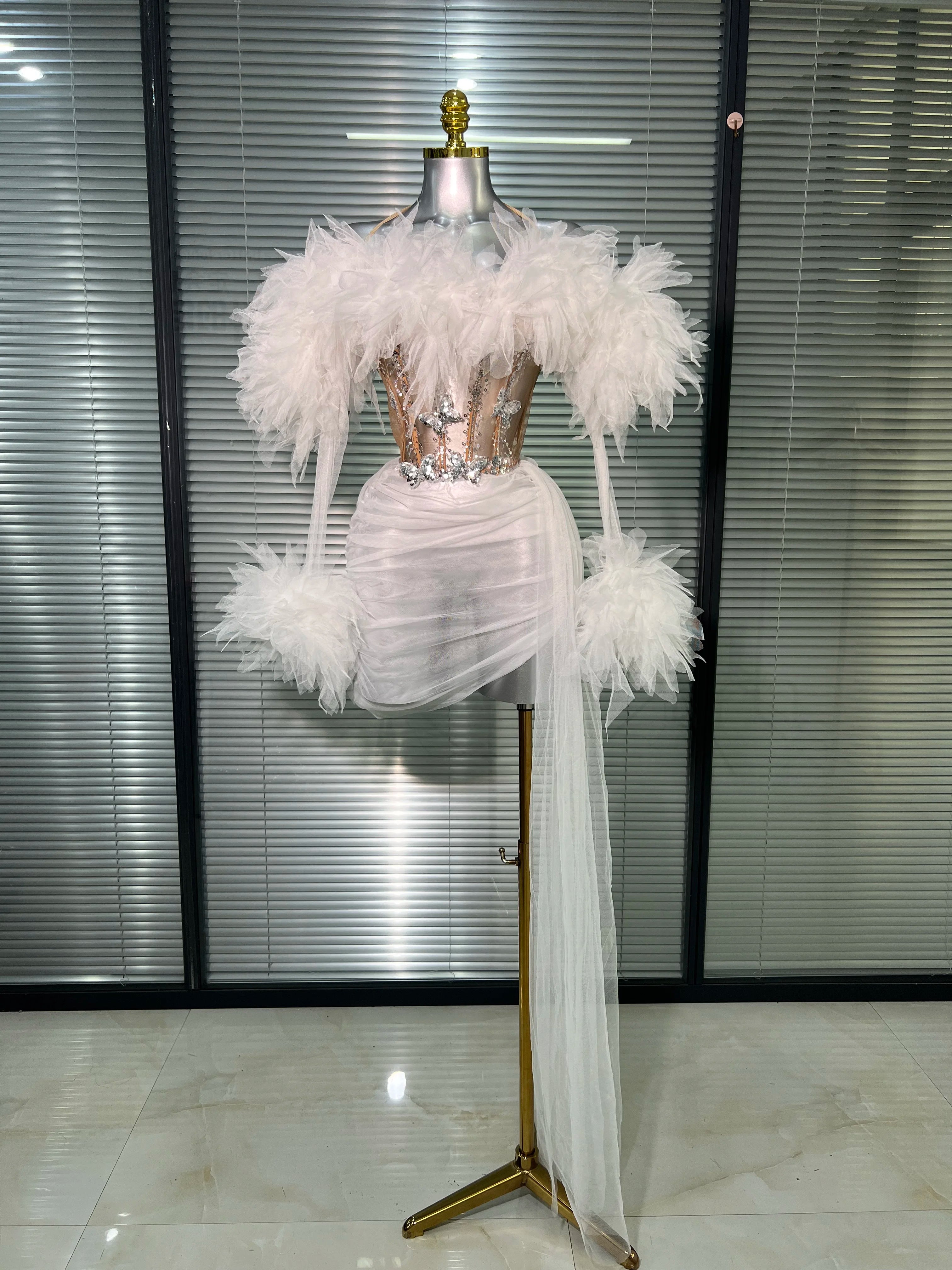 Women Sexy Two Pieces Set Celebrity Sky Blue White Purple Mesh Night Club Sheer Skirt Suits Stage Performance Costume