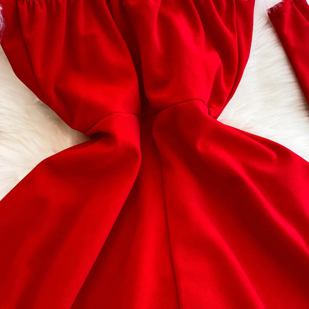 Foamlina Women's Christmas Dress Sexy Low-cut Waist Thin Big Pendulum Fluffy Splicing Suspender Tube Ling Dress Red