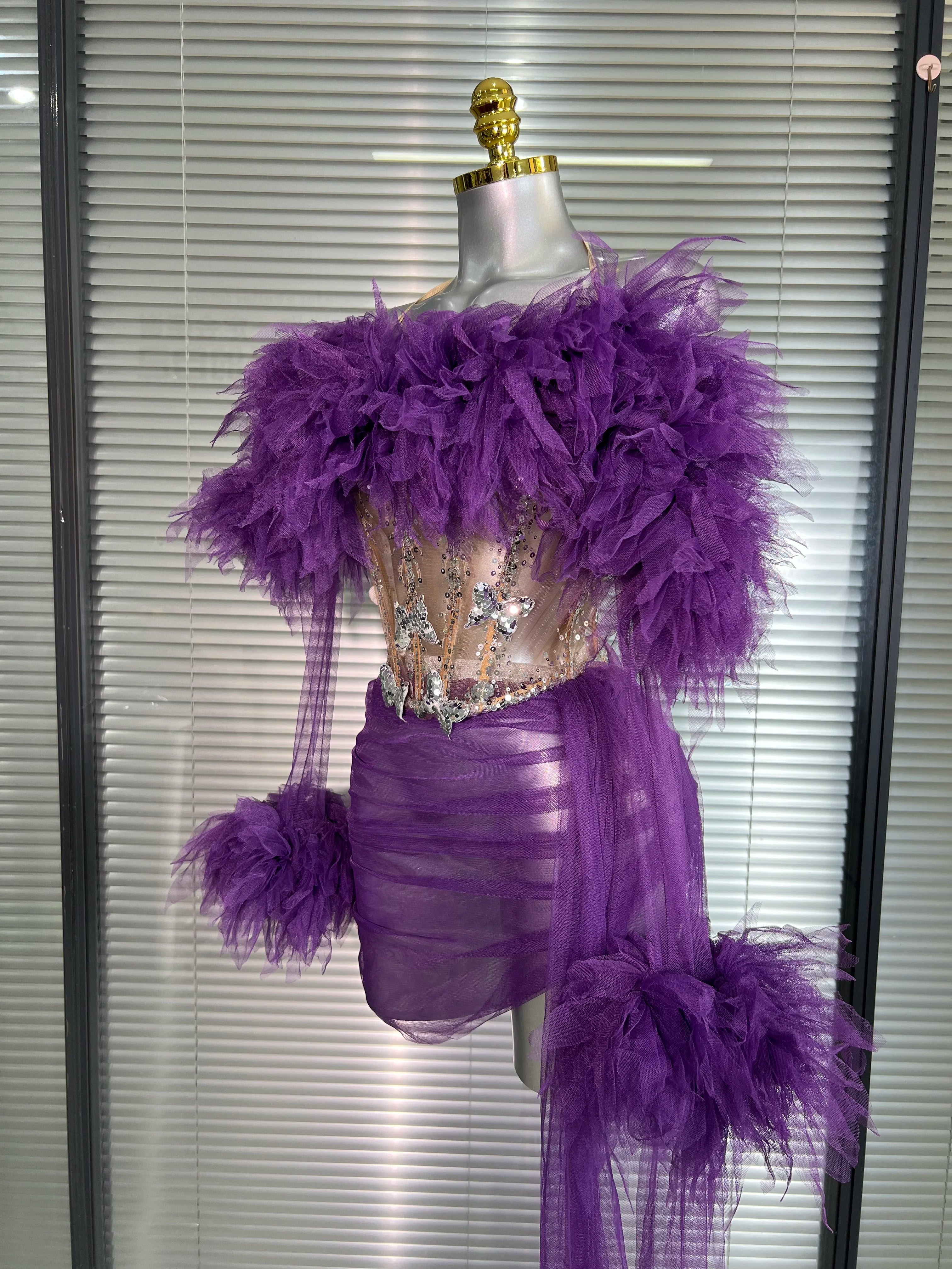 Women Sexy Two Pieces Set Celebrity Sky Blue White Purple Mesh Night Club Sheer Skirt Suits Stage Performance Costume