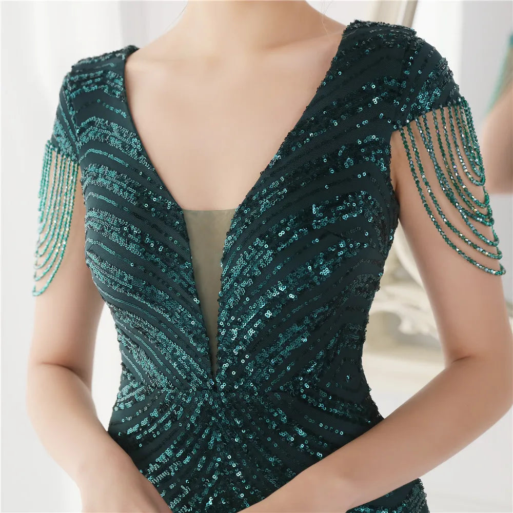 DEERVEADO Elegant V Neck Mermaid Evening Dress Long Luxury Beads Women Evening Party Dresses New Formal Dress 19085