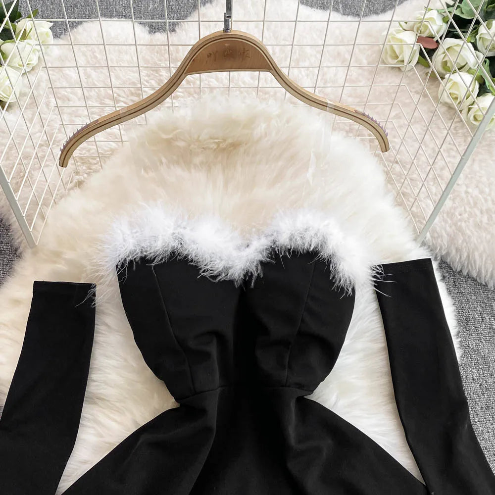 Foamlina Women's Christmas Dress Sexy Low-cut Waist Thin Big Pendulum Fluffy Splicing Suspender Tube Ling Dress Red