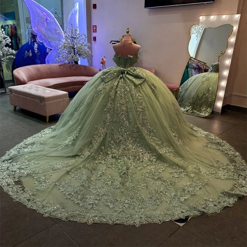 ANGELSBRIDEP Glittering Sage Green Quinceanera Dresses Bow Luxury Flower Lace Vestidos De 15 Anos Birthday Party Prom Princess