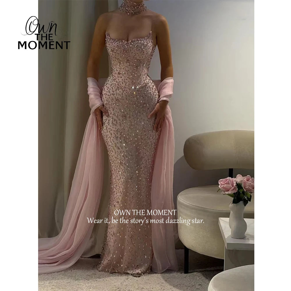 OTM Customized Sparkly Pink Rhinestone Beading Mermaid Gown Elegant Formal Crystal Prom Dresses Special Occasions Customized