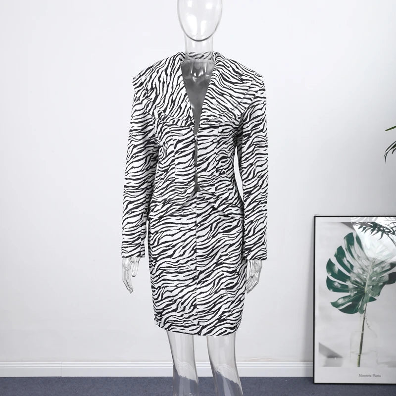 Fashion Zebra Printing Women's Jacket Skirts Suit V-Neck Waist-Closed Lady Sets Elegant 2 Pieces Set Women Outfits