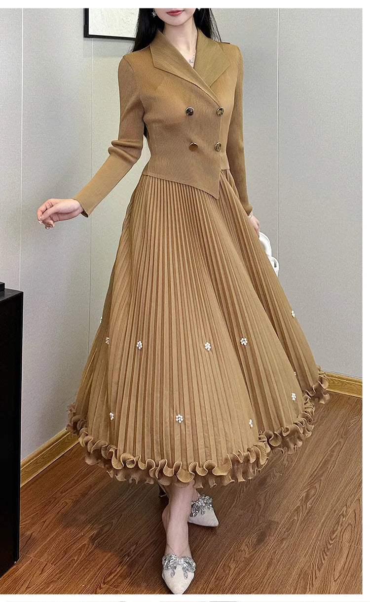 EGRM Miyake Pleated Long Dress Autumn Hot Sale Women's Double Breasted Waist Cinching Slimming High-end Stylish Versatile Skirt