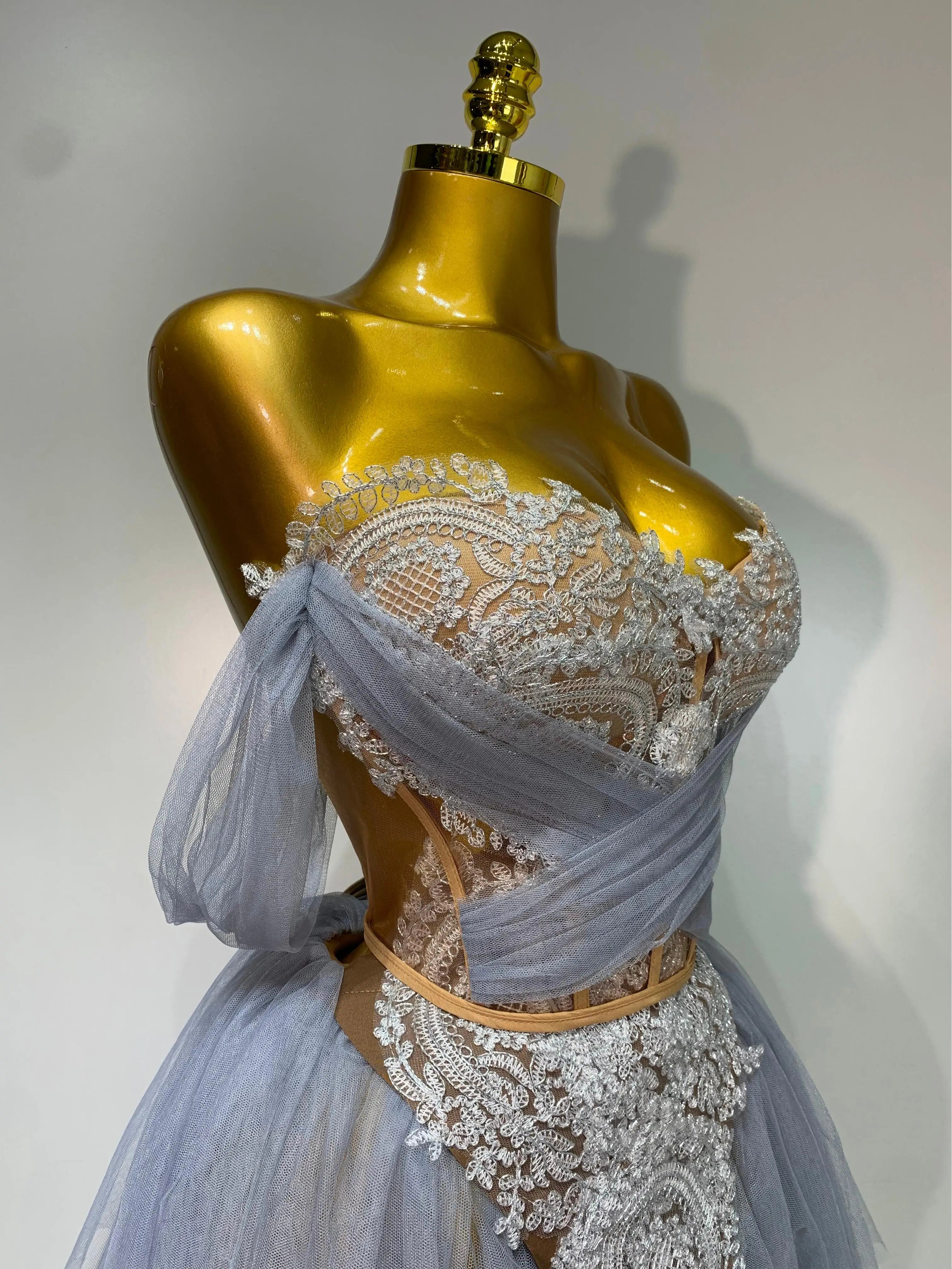 Women Sexy Strapless Pink Mesh Two Pieces Set Prom Gown Celebrate Birthday Nightclub Party Singer Stage Performance Costume