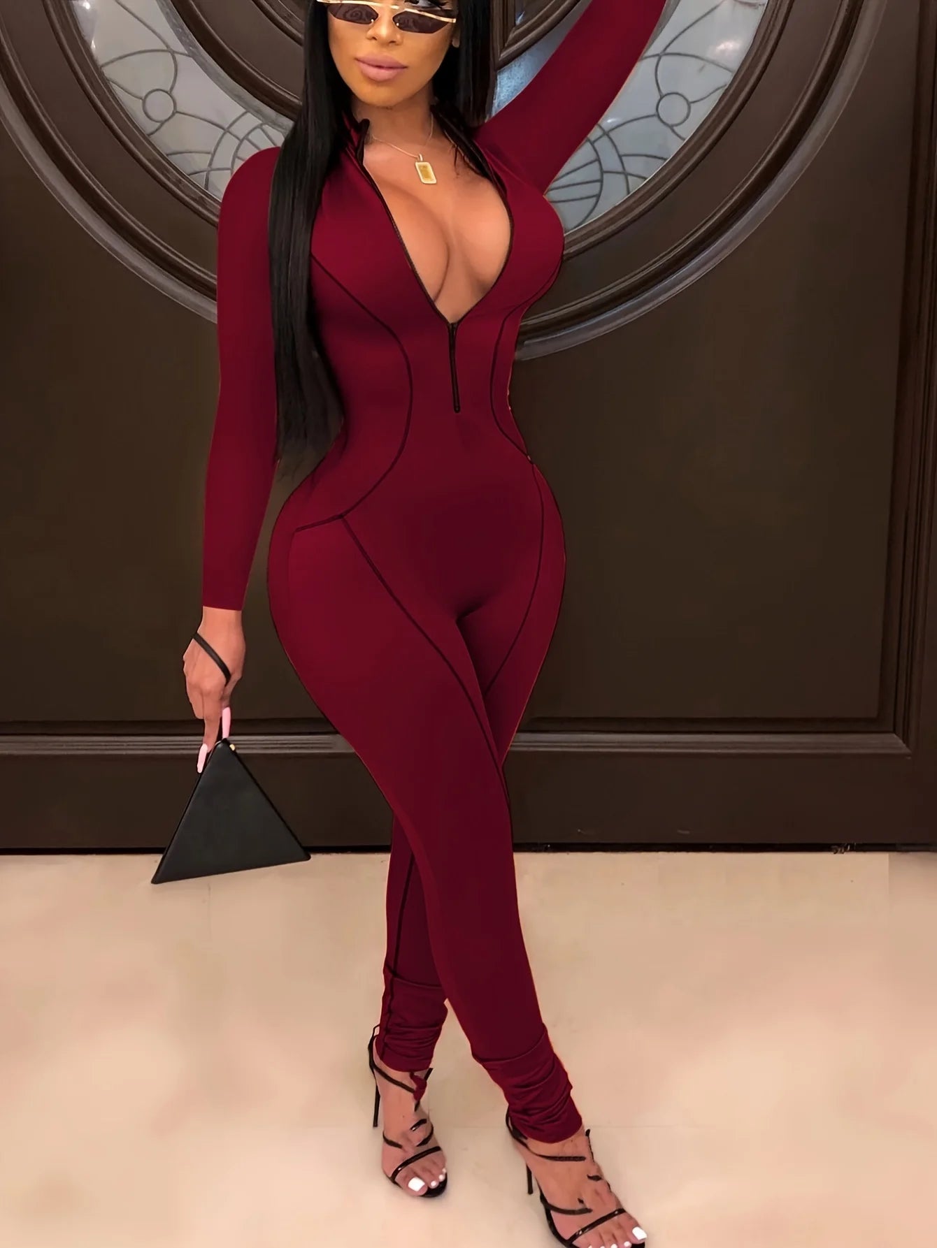 Women Zipper Up Striped Splicing Long Sleeve Bodycon Moto Biker Jumpsuit Sexy Club Night Party Romper Playsuit