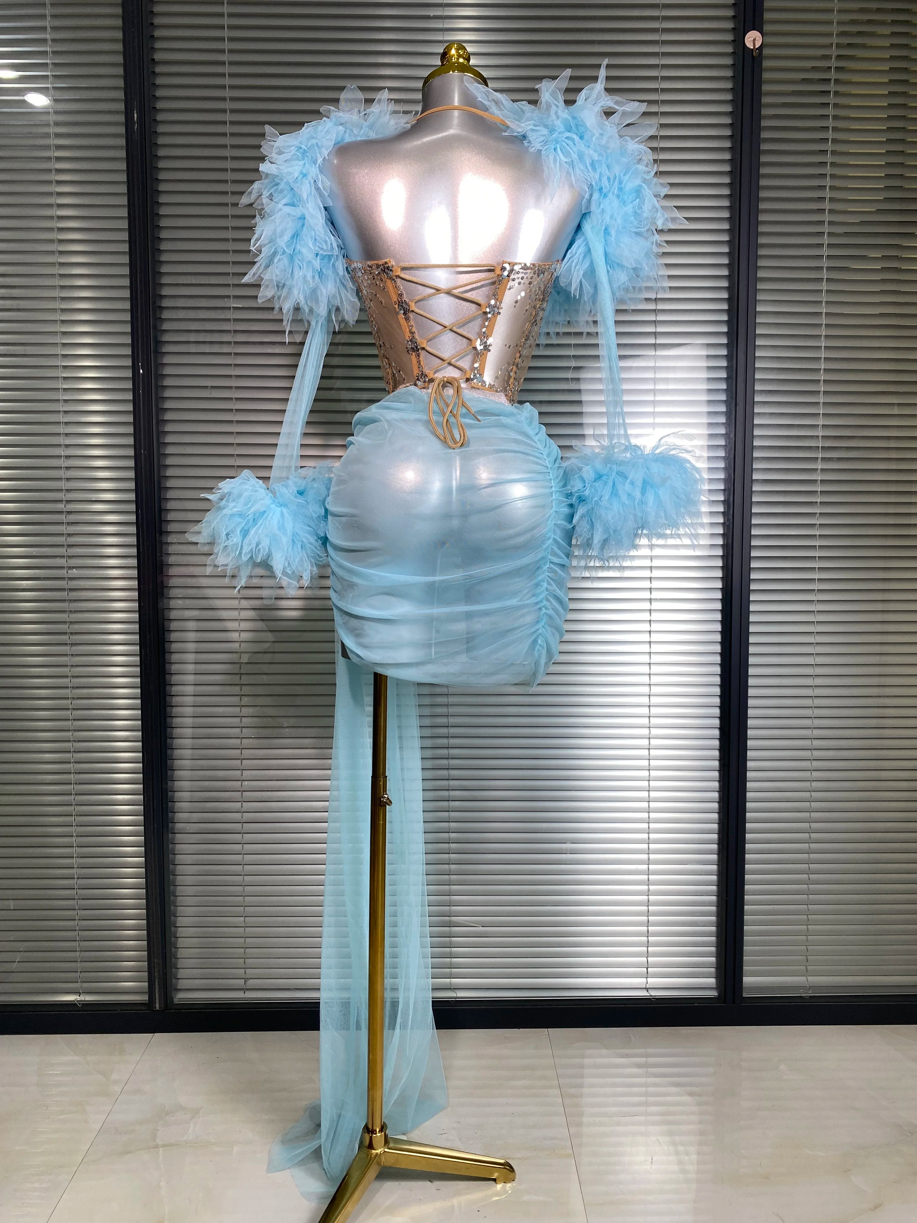 Women Sexy Two Pieces Set Celebrity Sky Blue White Purple Mesh Night Club Sheer Skirt Suits Stage Performance Costume