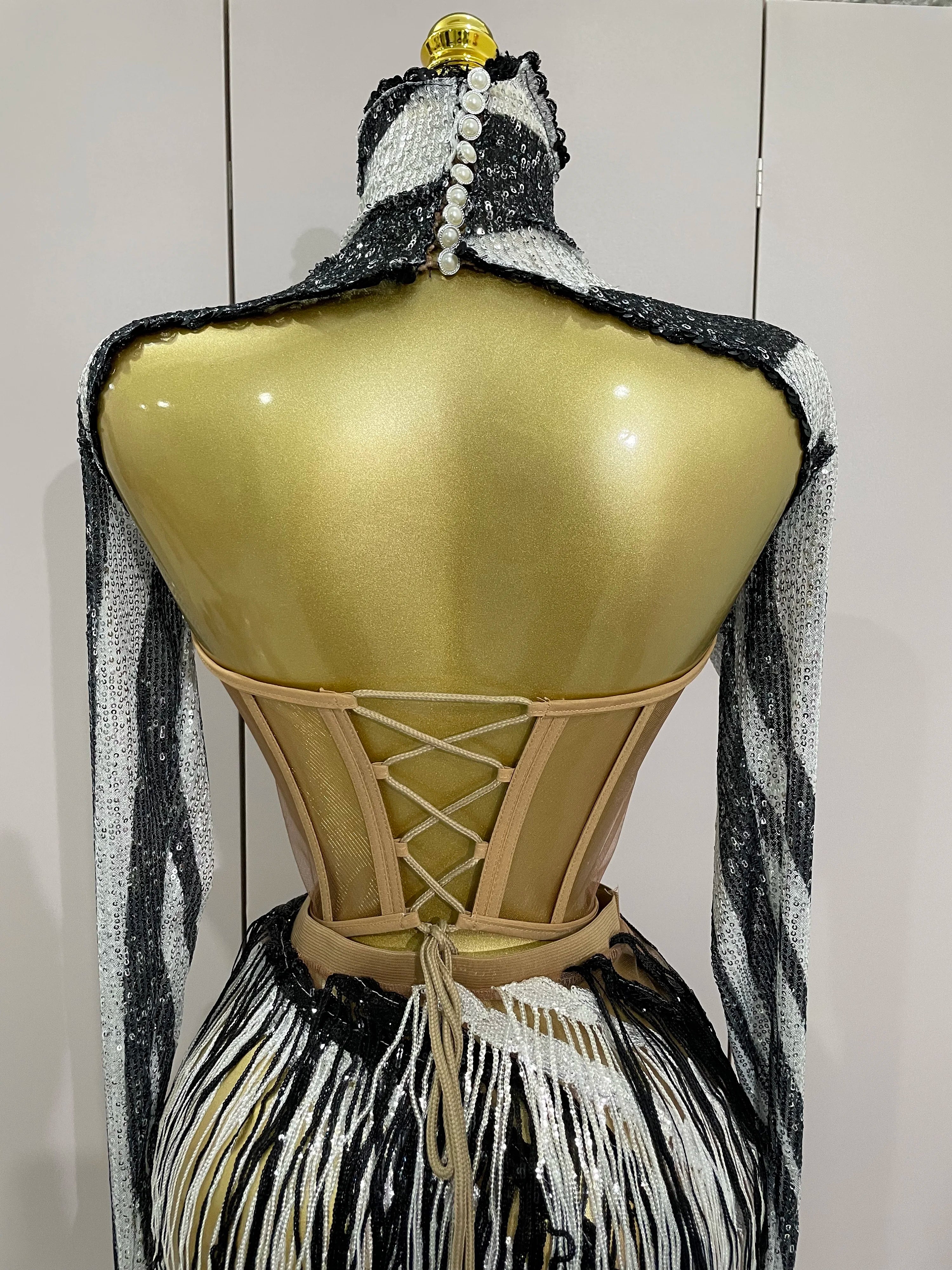 New Shiny Diamond Sequin Tassels Sexy Mesh Long Sleeved Two Piece Set Women Evening Birthday paty Nightclub Stage Costume