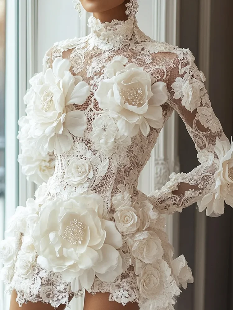 Luxury Cocktail Dresses High Collar Flowers Long Sleeves Mini Dress Exquisite High Quality Prom Party Gowns for Women Customized