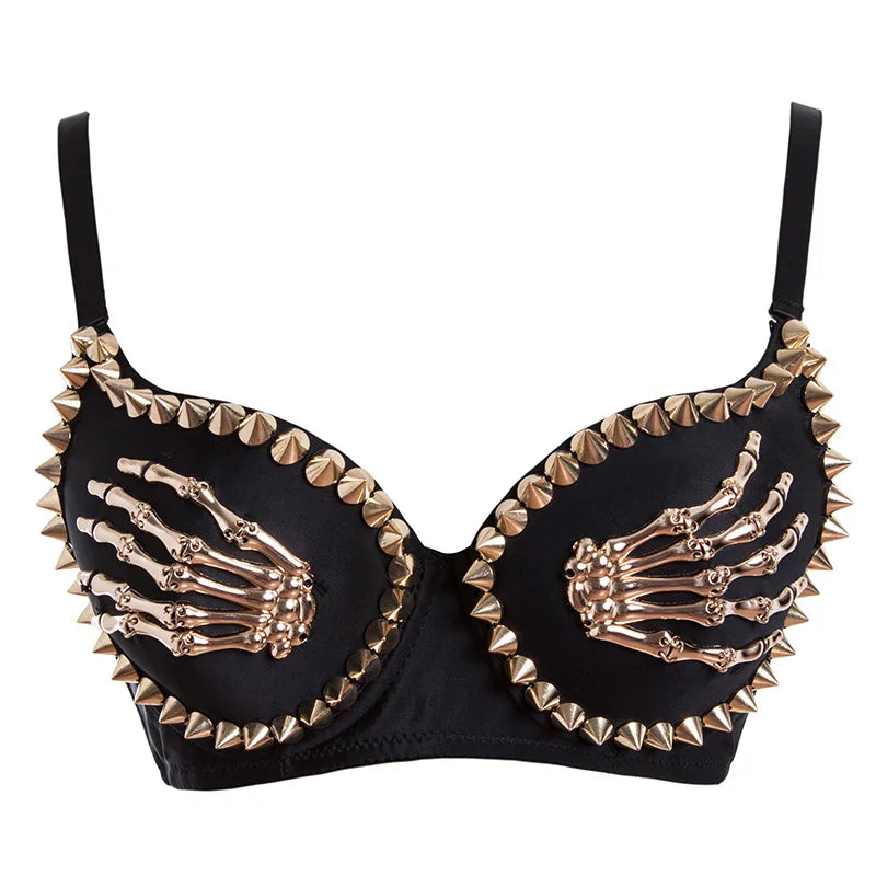 Black/Gold Rivets & Skeleton Hands Fashion Push Up Bras For Women Sexy Bralette Top y2k Goth Punk Bra Club Party Pole Dance Wear