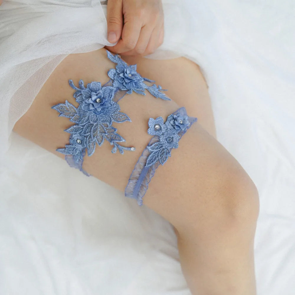 Sexy Garter Belts 2pcs Set Stretch Lace Bridal Stocking Bands Handmade Embroidery Lingerie Accessory Floral Rhinestone Style