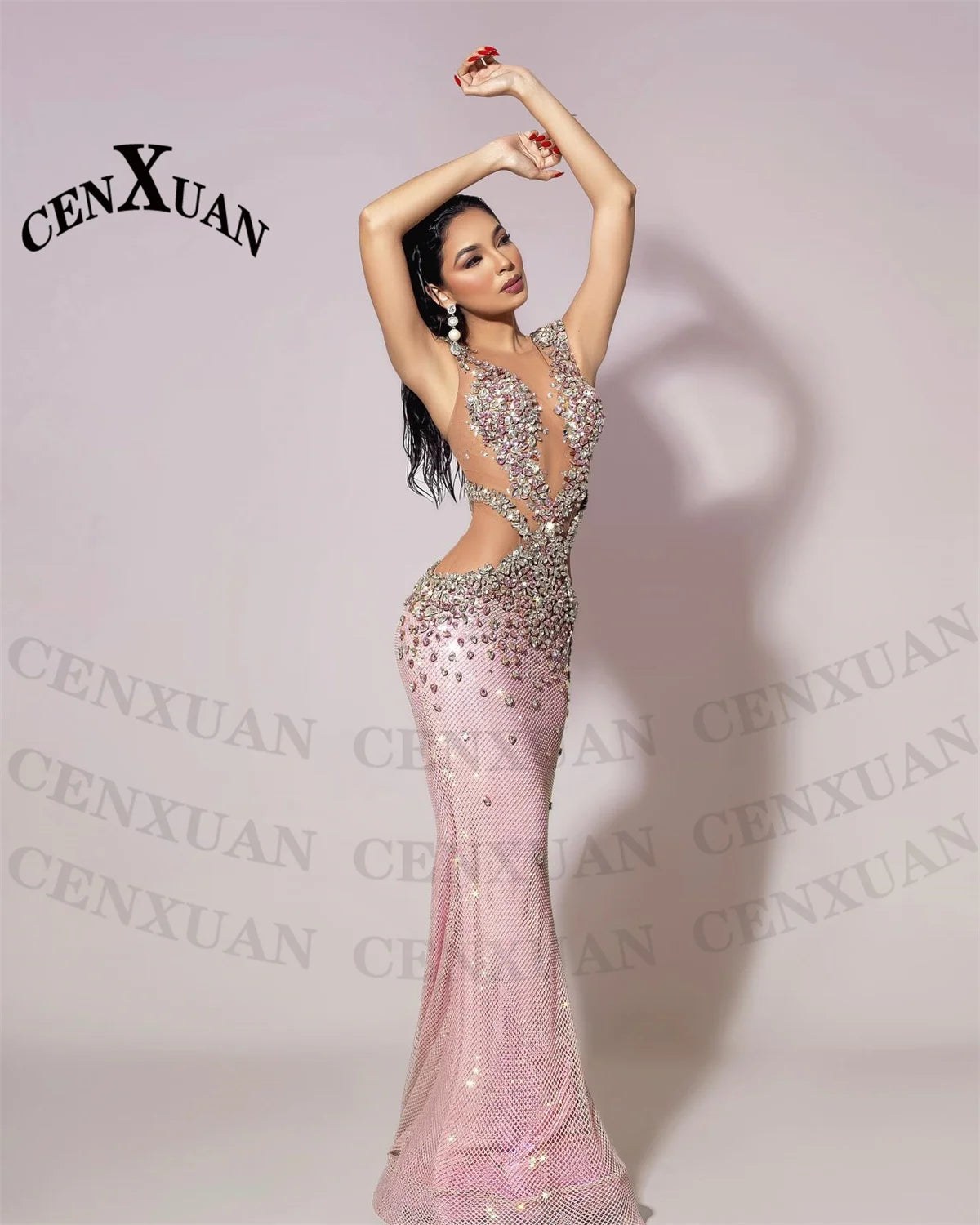 CENXUAN Saprkly Sleeveless O-neck Women's Evening Dress with Rhinestones Floor Length Tulle Vestidos De Gala Customized
