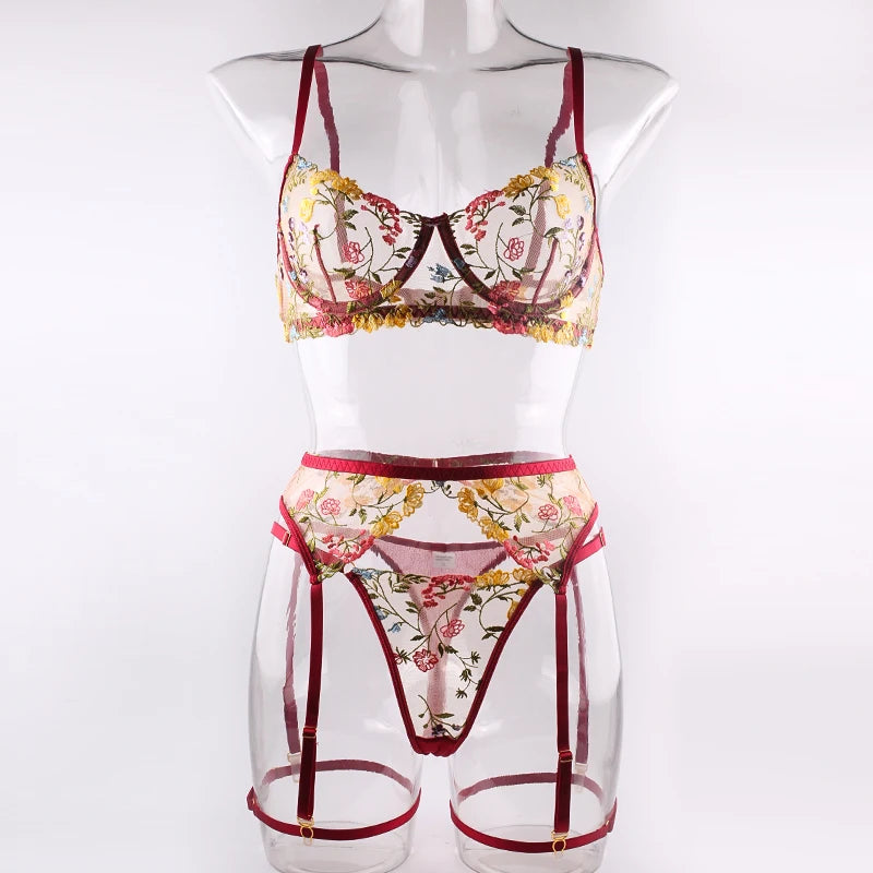 Sexy Women's Lace Lingerie 3Pcs Sets Fancy Flowers Embroidery Transparent Bras And Thongs Underwear Set Erotic Intimate Suits ﻿