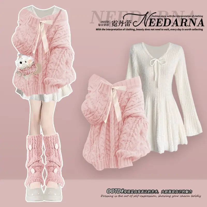 Women Suit French Plus Size Matching Sets Temperament Knitted Sweater Slimming Mini Dress Two-piece Set