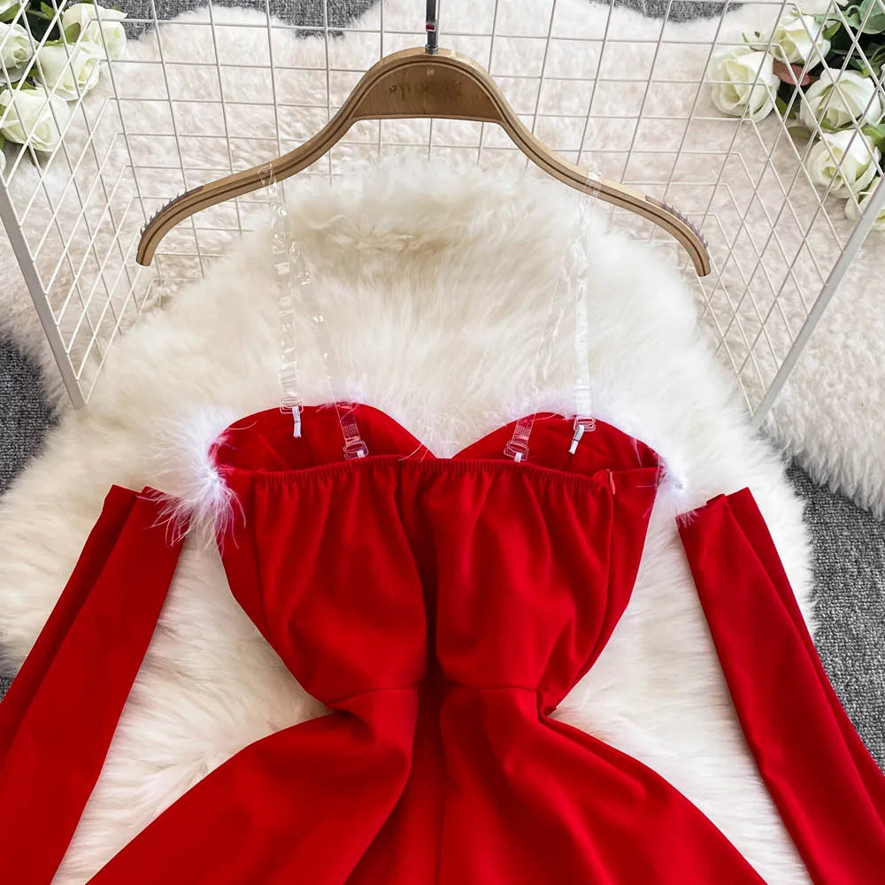 Foamlina Women's Christmas Dress Sexy Low-cut Waist Thin Big Pendulum Fluffy Splicing Suspender Tube Ling Dress Red