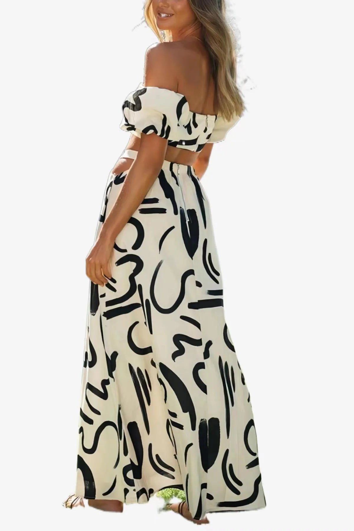 Two Piece Sets Fashion New Print Solid Color Puff Sleeve Zipper Breast Wrap Crop Top & Hollow Out Waist Big Hem Dress Suits Lady