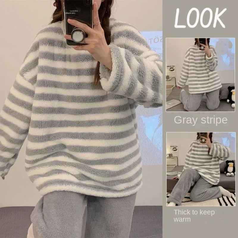 Warm Sleepwear for Winter Thickened Flannel Women Pajamas Homewear Striped Top and Pants Plus Size Cute Two-Piece Sleepwear Set