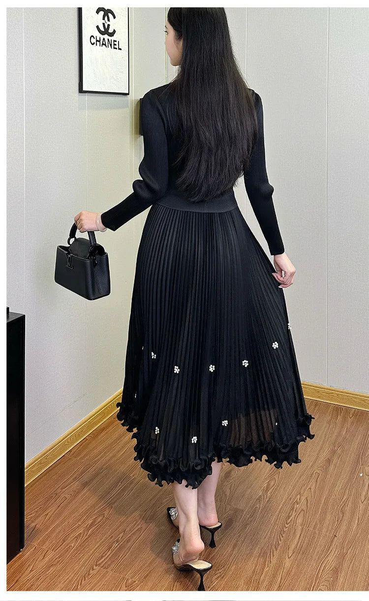 EGRM Miyake Pleated Long Dress Autumn Hot Sale Women's Double Breasted Waist Cinching Slimming High-end Stylish Versatile Skirt