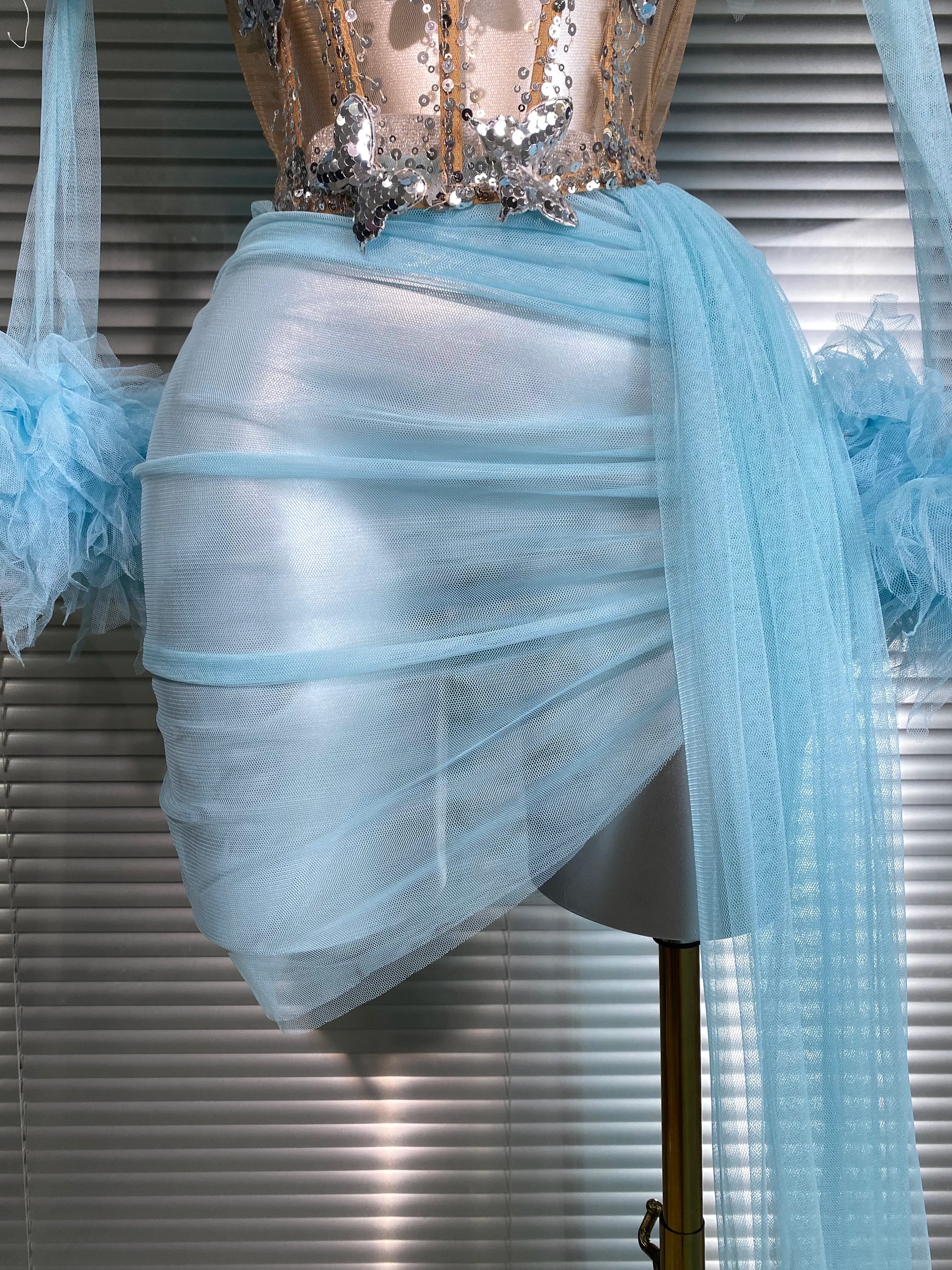 Women Sexy Two Pieces Set Celebrity Sky Blue White Purple Mesh Night Club Sheer Skirt Suits Stage Performance Costume