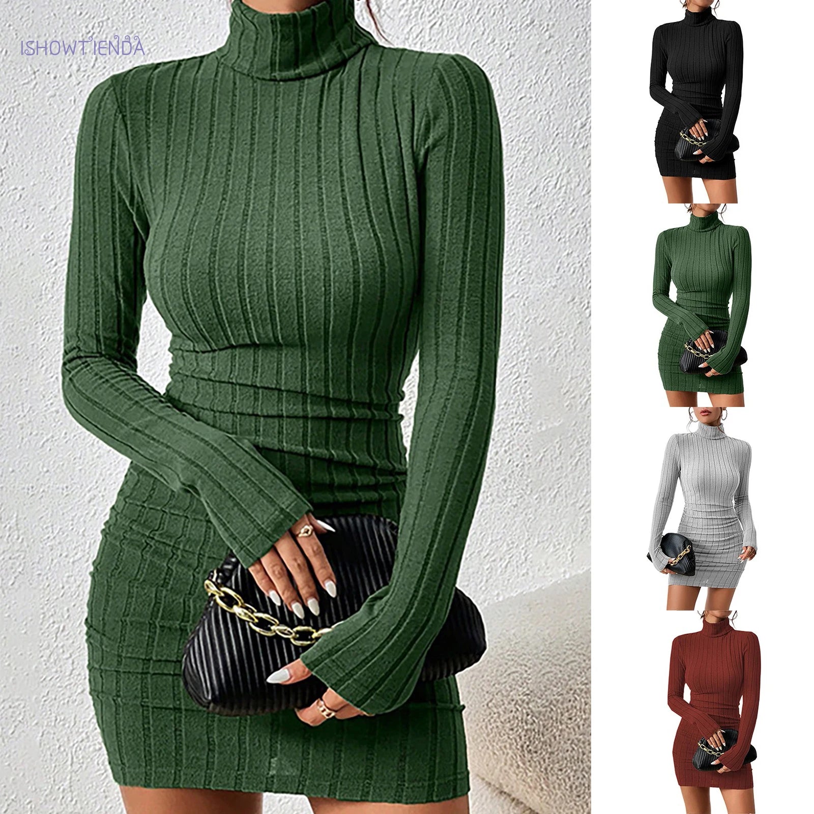Knitted Bottoming Dress Women Elegant Party Turtleneck Long Sleeves Sexy Sheath Mini Dresses Bodycon Club Dress
