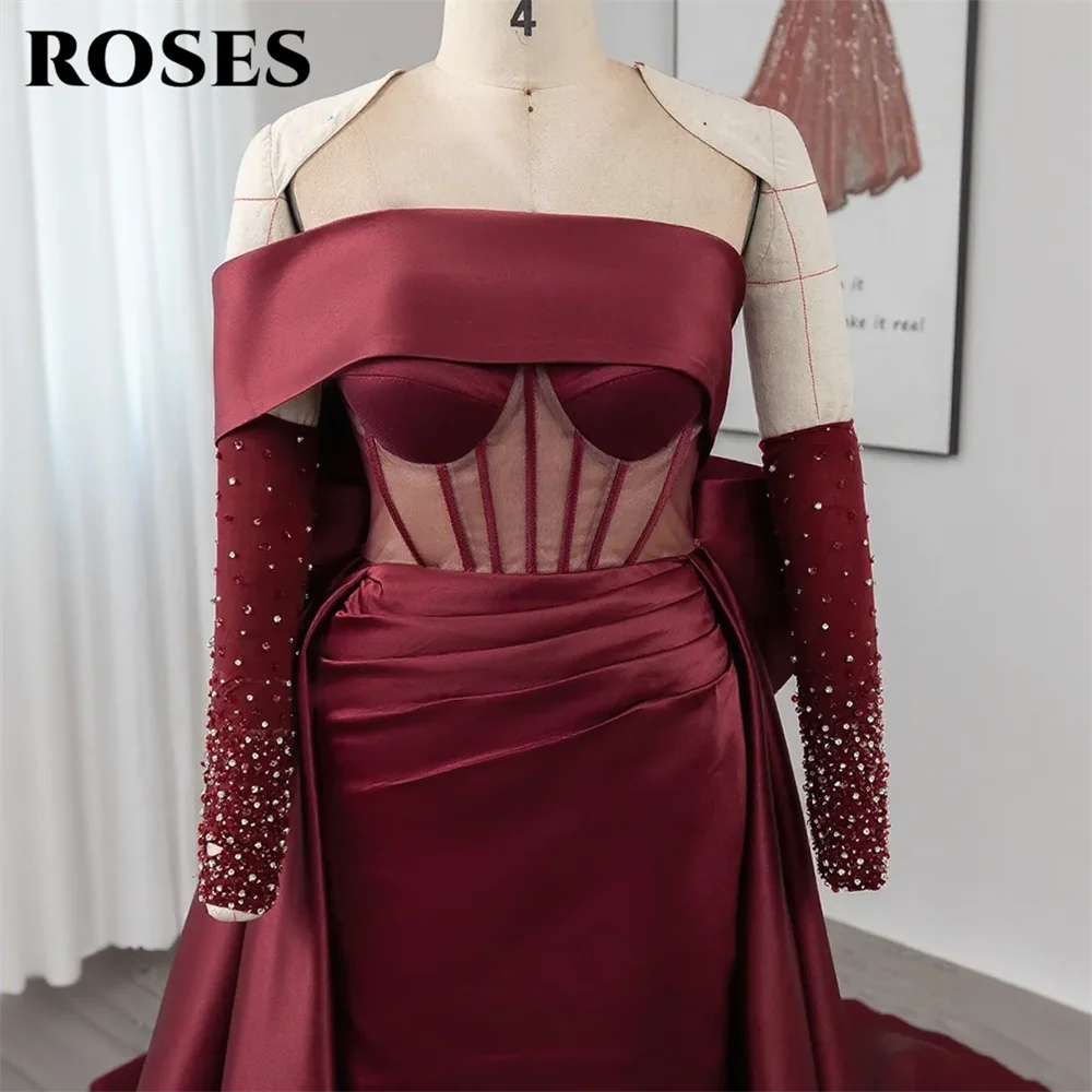 ROSES Burgundy Stain Mermaid Prom Dresses with Bow Shining Beading On Sleeve Evening Dress One Shoulder Sweetheart