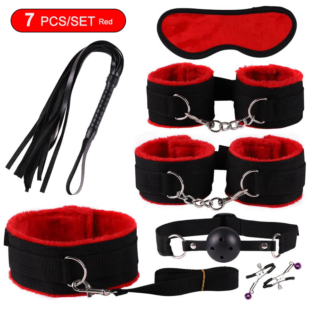 BDSM Adult Sexy Toys For Women Handcuffs Whip Anal Nipple Clamp Blindfold Strap On Vibrator Sex Bondage Set Sexual Couples Kit18