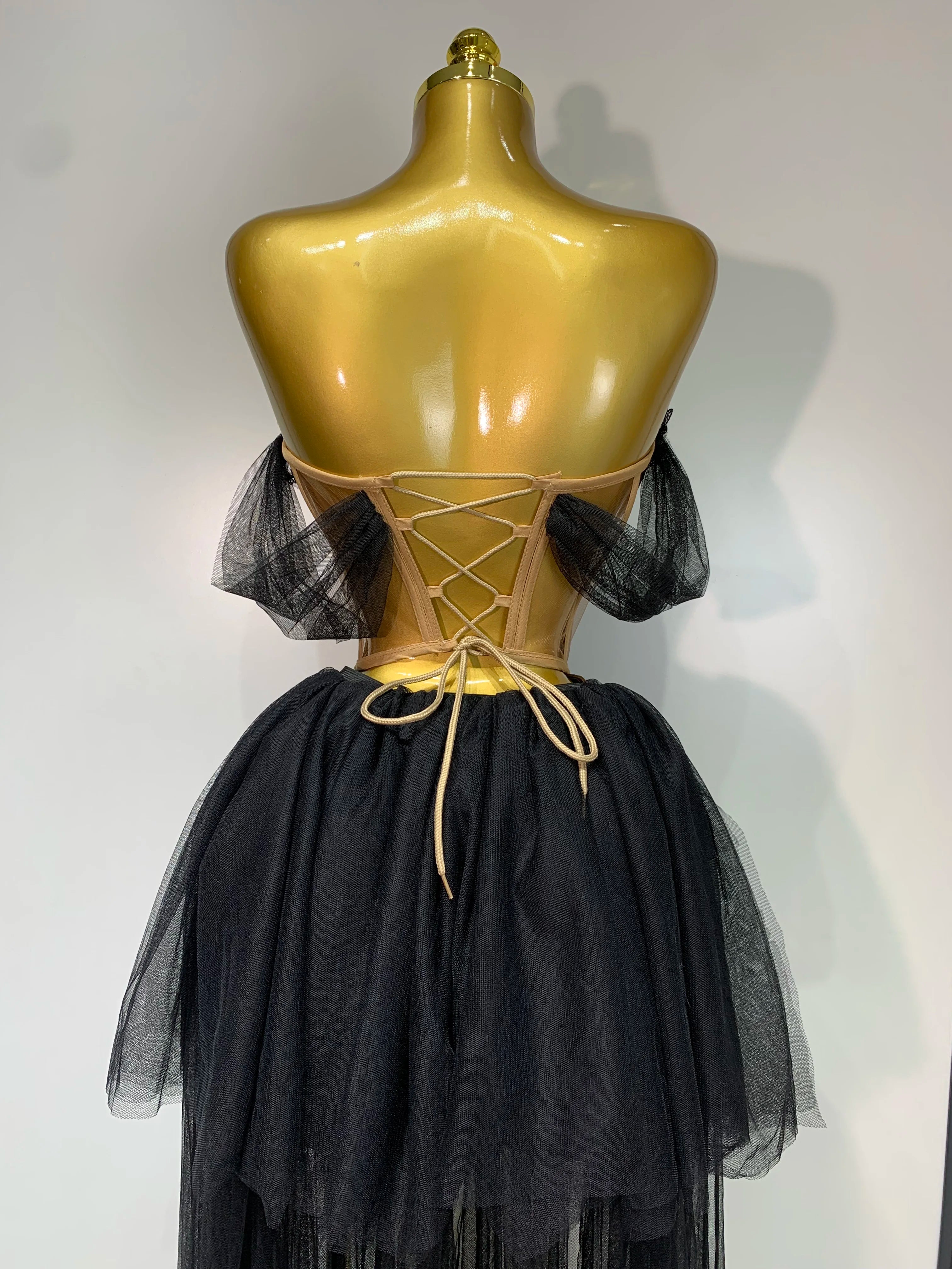 Women Sexy Strapless Pink Mesh Two Pieces Set Prom Gown Celebrate Birthday Nightclub Party Singer Stage Performance Costume