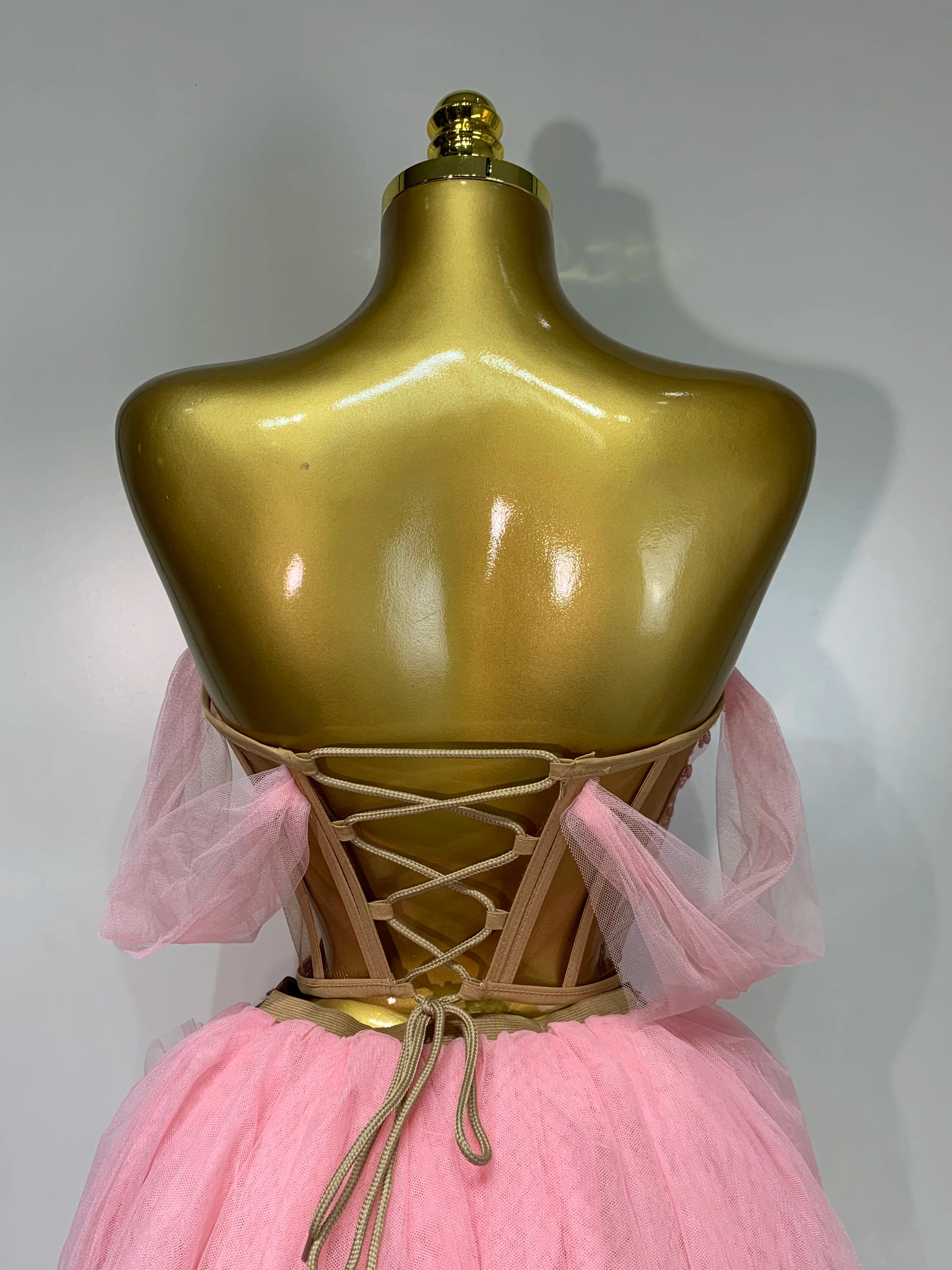 Women Sexy Strapless Pink Mesh Two Pieces Set Prom Gown Celebrate Birthday Nightclub Party Singer Stage Performance Costume