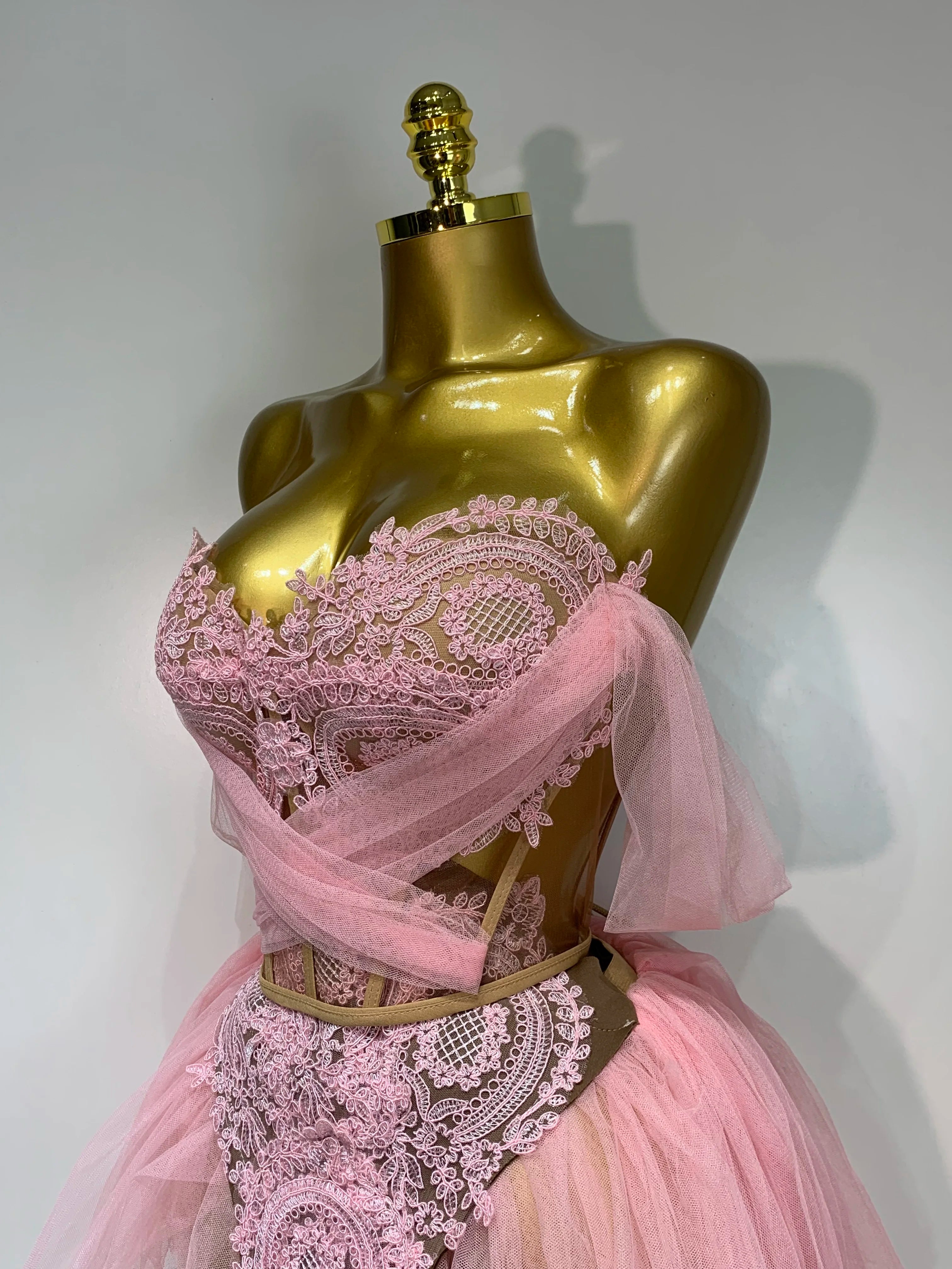 Women Sexy Strapless Pink Mesh Two Pieces Set Prom Gown Celebrate Birthday Nightclub Party Singer Stage Performance Costume