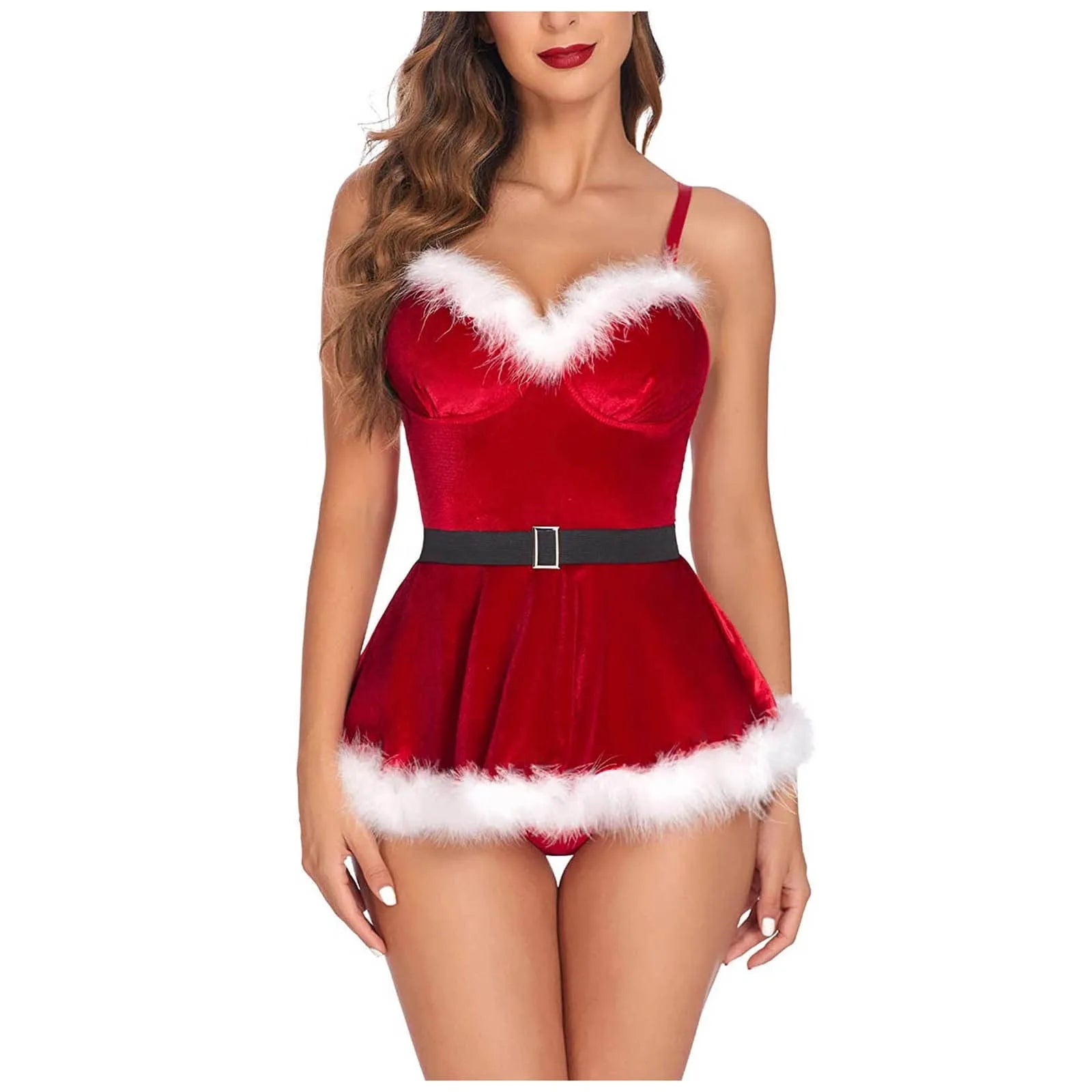 Women Christmas Costume Faux Fur Trim Red Flannel Underwired Bra Corset Sexy Bustier Cami Crop Tops Xmas Party Rave Dress Up