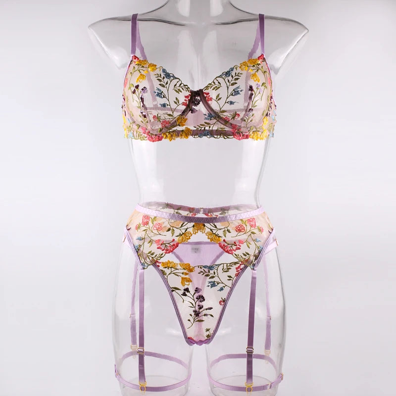 Sexy Women's Lace Lingerie 3Pcs Sets Fancy Flowers Embroidery Transparent Bras And Thongs Underwear Set Erotic Intimate Suits ﻿
