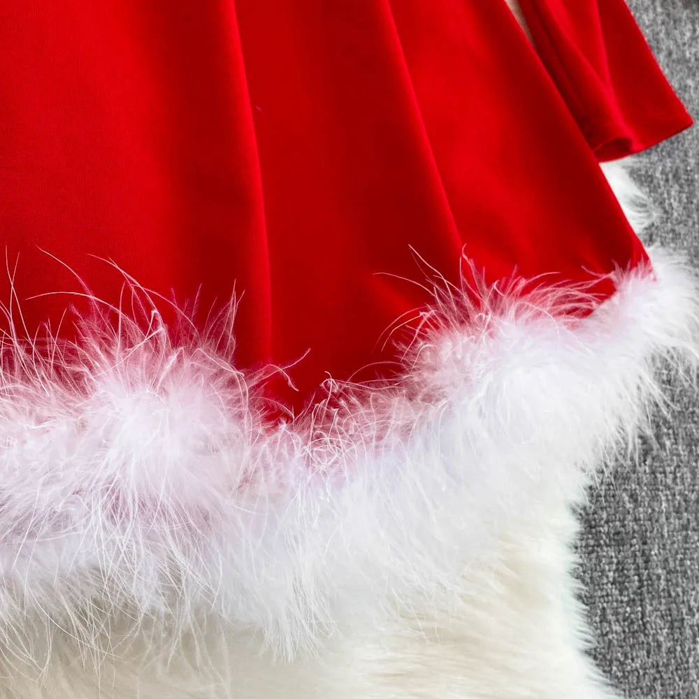 Foamlina Women's Christmas Dress Sexy Low-cut Waist Thin Big Pendulum Fluffy Splicing Suspender Tube Ling Dress Red