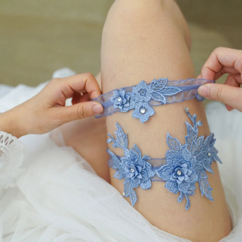 Sexy Garter Belts 2pcs Set Stretch Lace Bridal Stocking Bands Handmade Embroidery Lingerie Accessory Floral Rhinestone Style