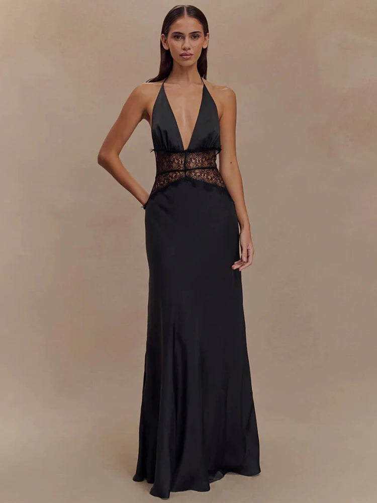 Mozision Summer Backless Sexy Maxi Dress Women Gown Patchwork Lace Halter Deep V Neck Sleeveless High Waist Elegant Long Dress