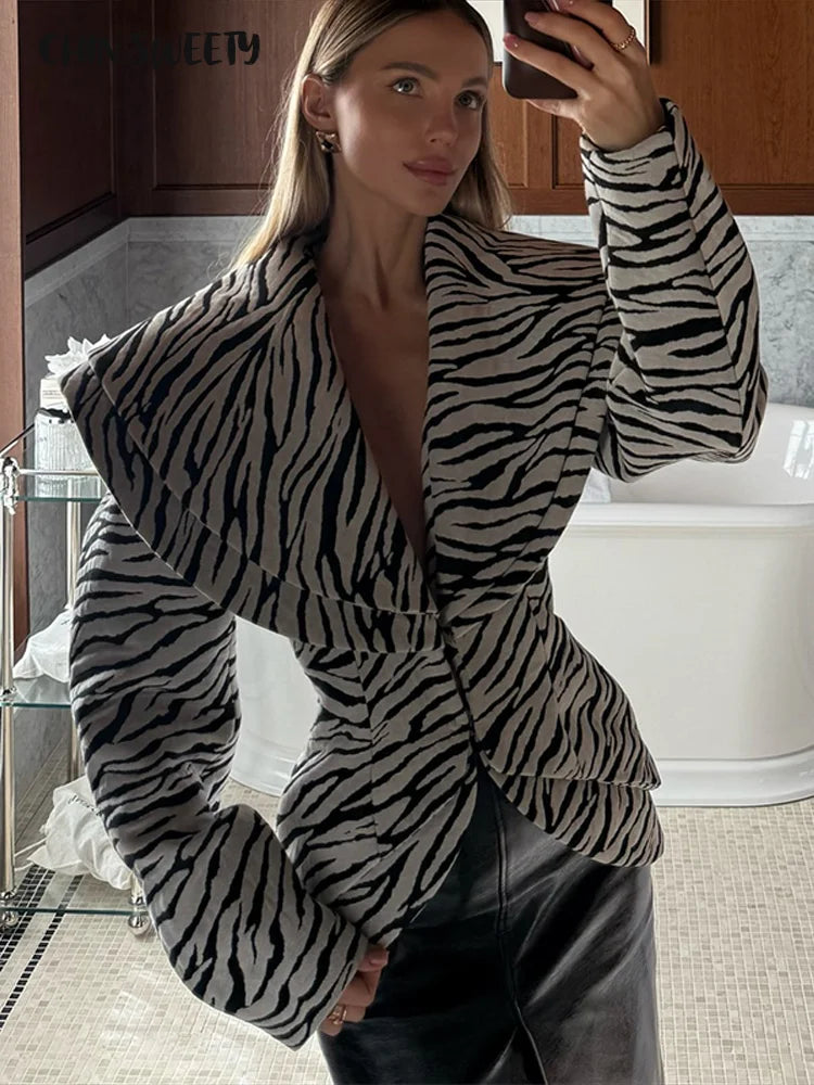 Fashion Zebra Printing Women's Jacket Skirts Suit V-Neck Waist-Closed Lady Sets Elegant 2 Pieces Set Women Outfits