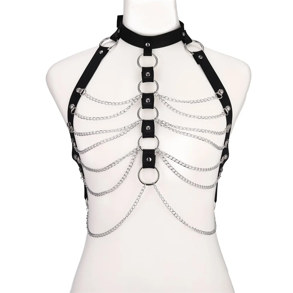 Goth Body Harness for Women Fashion Black Leather Chest Body Chain Rave Festival Accessories Halloween Costume Cosplay Jewelry