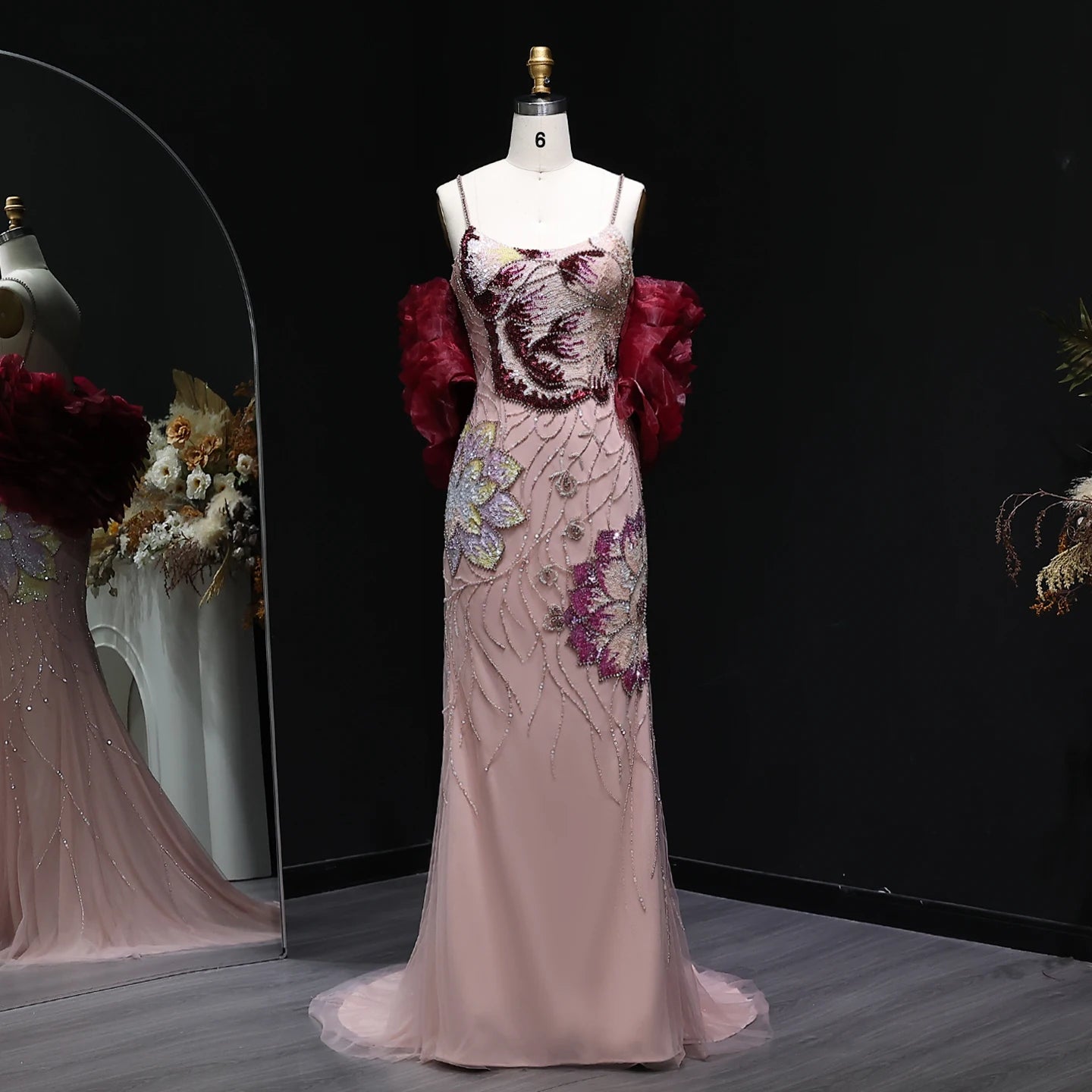 Sharon Said Luxury Pink Floral Beaded Evening Dress with Burgundy Shawl Cape Elegant Party Dress for Women SS515 Customized